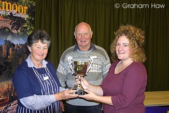 Alison Hart and Tony Bigwood receiving the cup from Jane  Gilbert, Exmoor &  Quantocks Food Links officer.